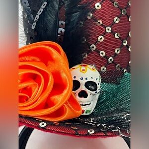 Halloween Themed Top Hat Headband Skull Orange Flower Feather Lace 10” unbranded